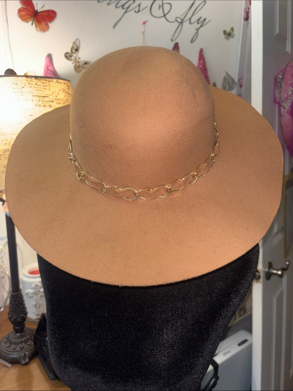Brown Chain Accent Wide Brim Hat